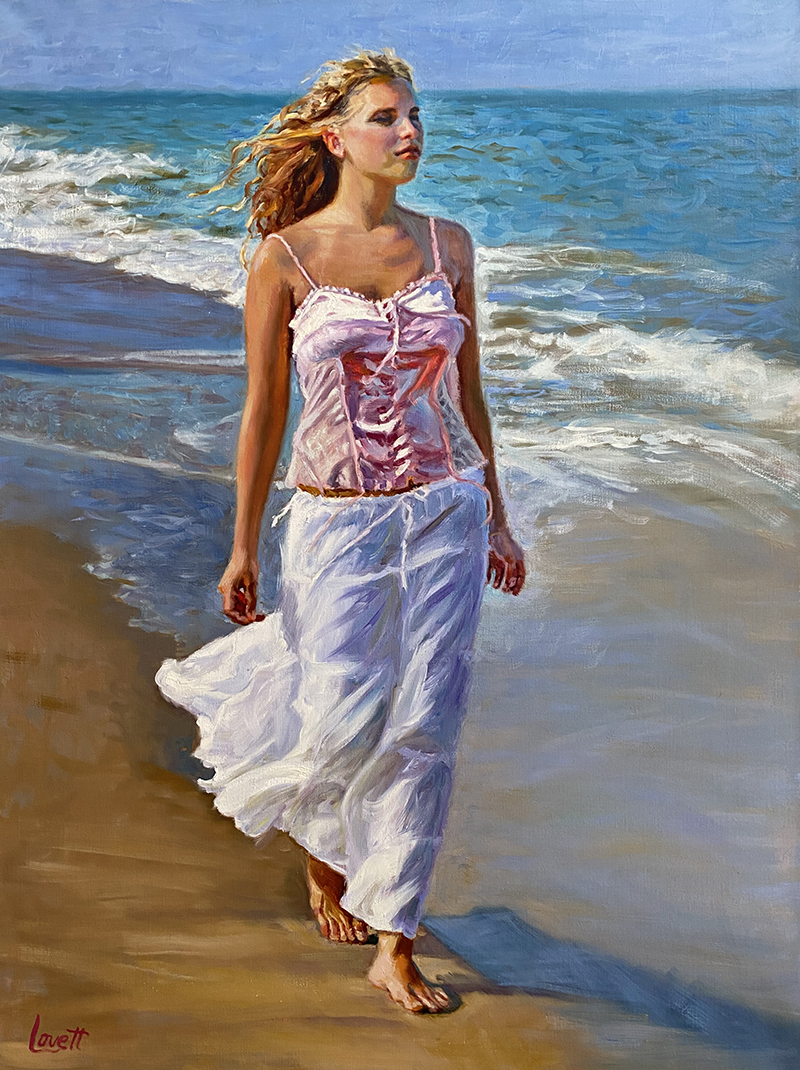 lady walking along beach painting